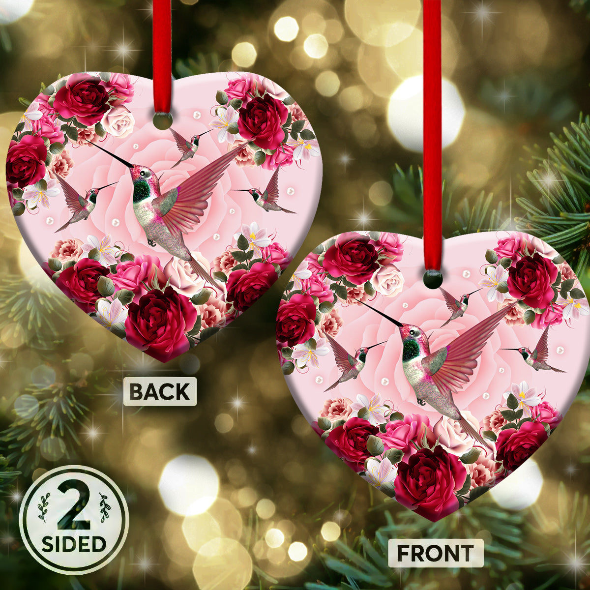 Hummingbird Pink Roses Style - Heart Ornament - Owls Matrix LTD