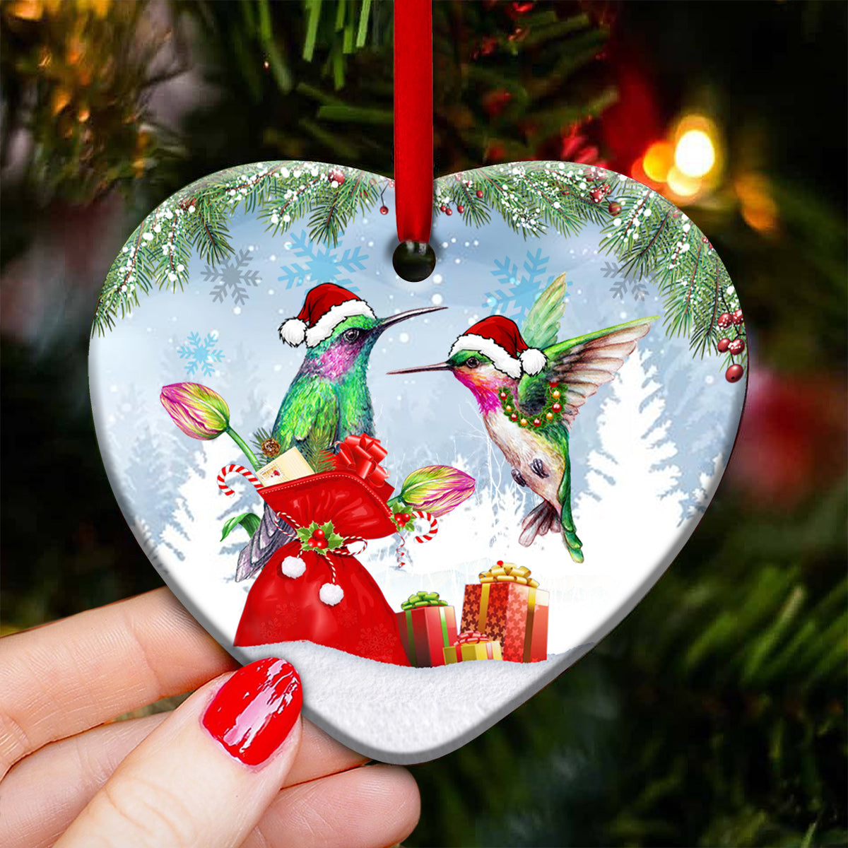 Hummingbird Christmas Give You A Gift - Heart Ornament - Owls Matrix LTD