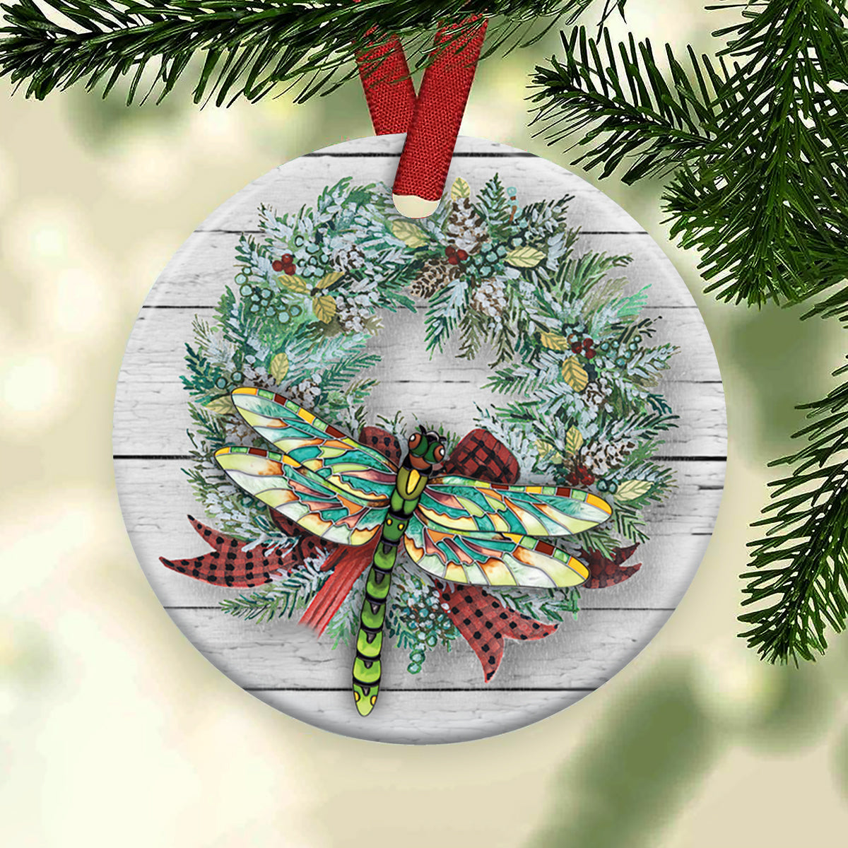 Dragonfly Christmas Classic Style - Circle Ornament - Owls Matrix LTD
