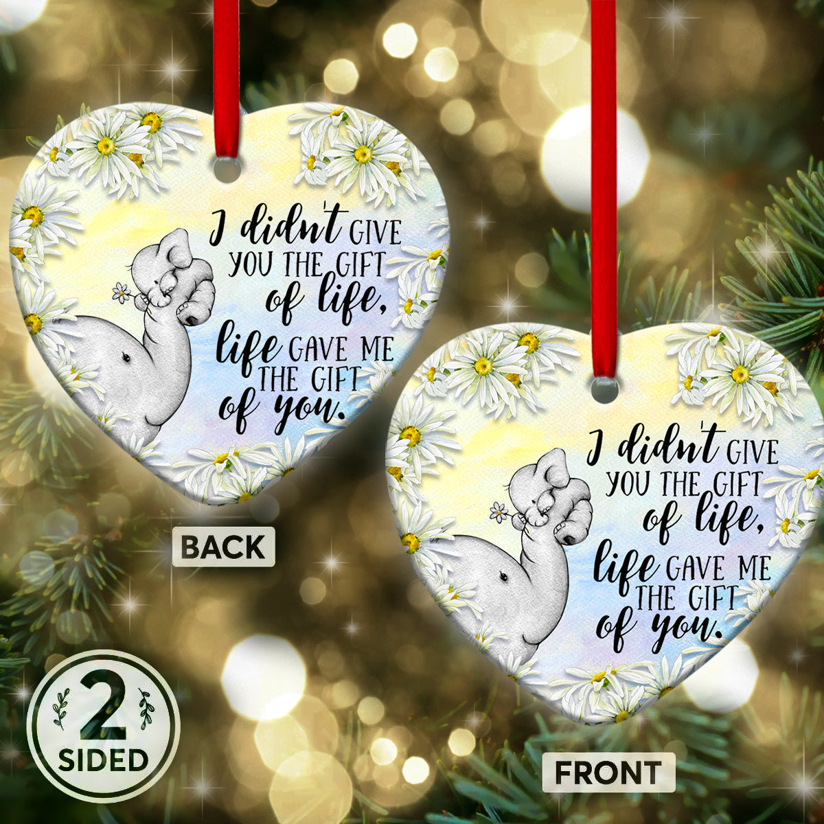 Elephant Family Life Give Me The Gift Of You - Heart Ornament - Owls Matrix LTD
