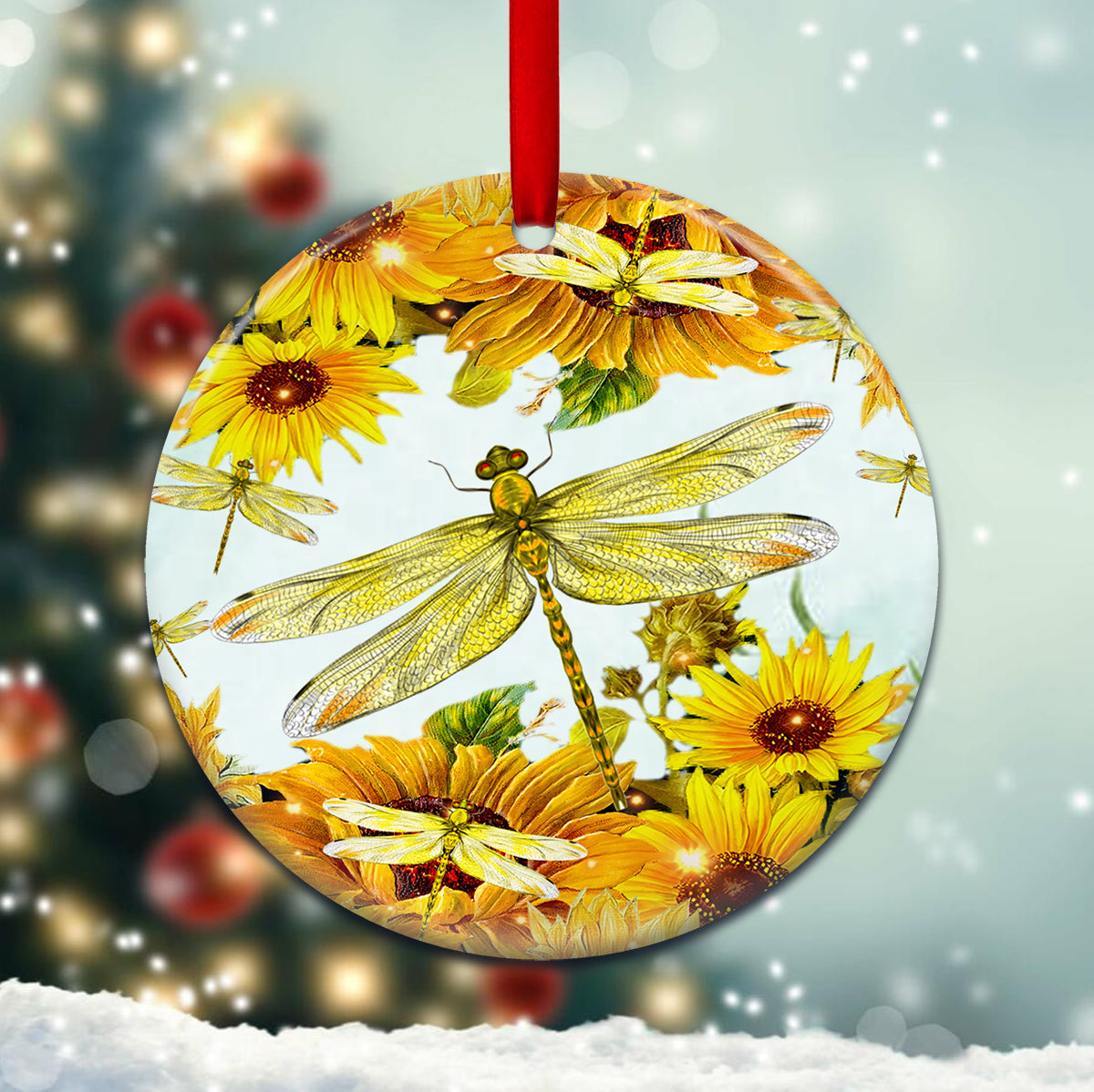 Dragonfly Sunflower Art Style - Circle Ornament - Owls Matrix LTD