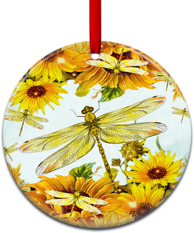 Dragonfly Sunflower Art Style - Circle Ornament - Owls Matrix LTD