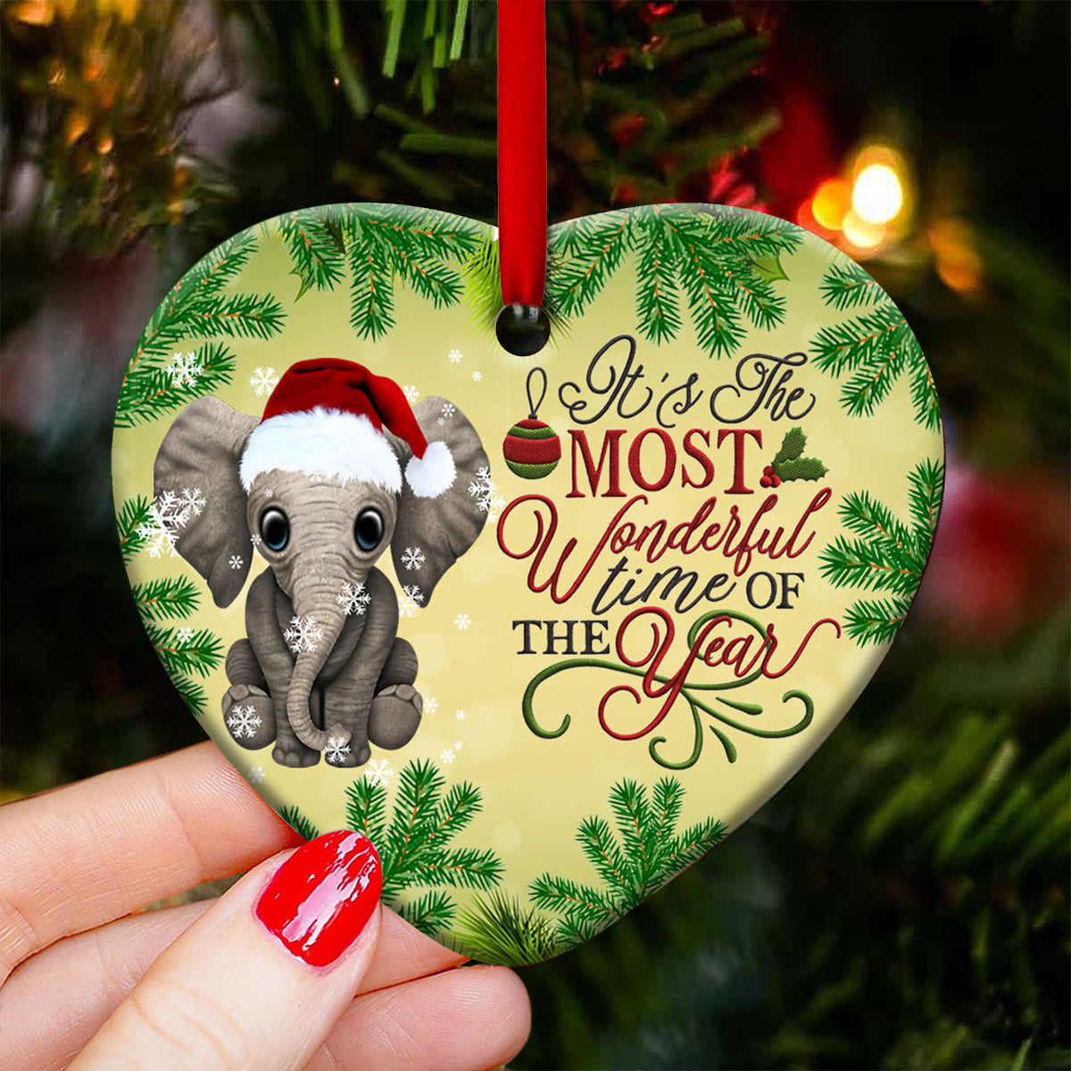 Elephant The Most Wonderful Time Of The Year - Heart Ornament - Owls Matrix LTD