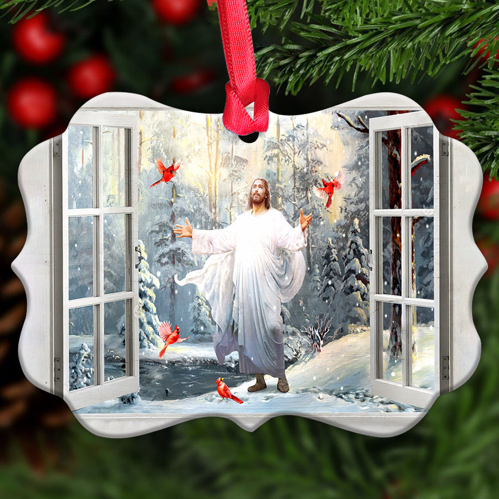 Jesus Faith God And Cardinal Outside Your House - Horizontal Ornament - Owls Matrix LTD