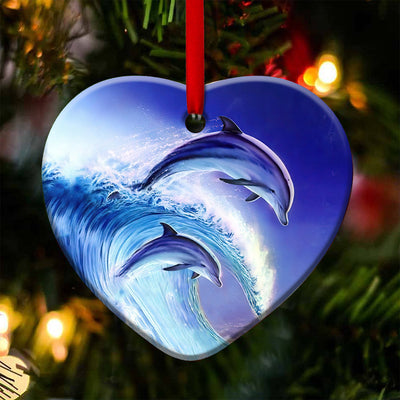 Dolphin Riding Wave Lover - Heart Ornament - Owls Matrix LTD