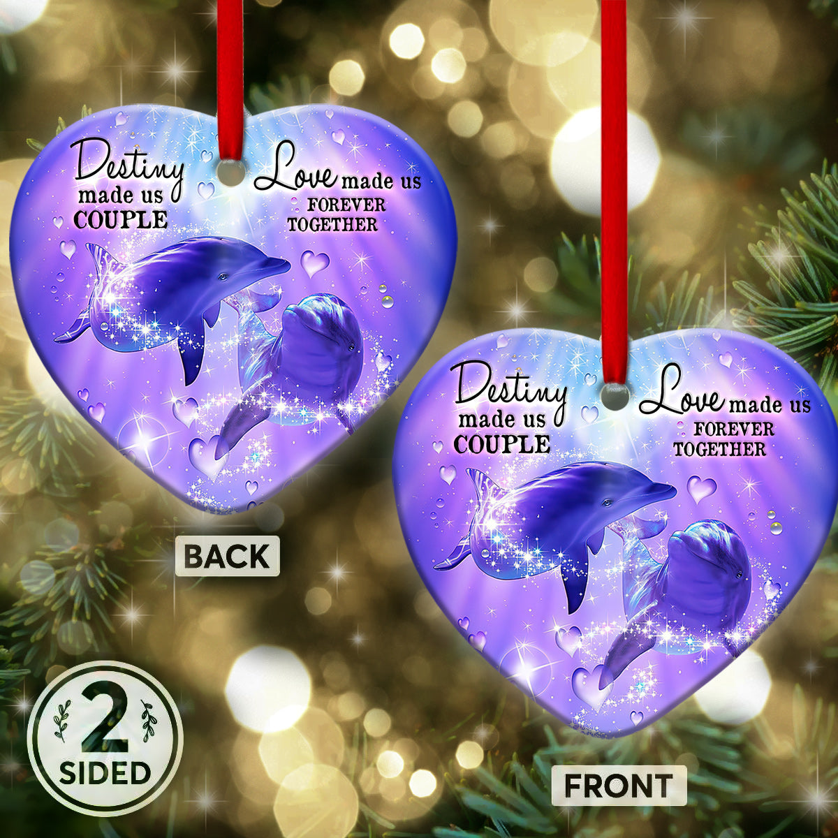 Dolphin Purple Magical Couple - Heart Ornament - Owls Matrix LTD