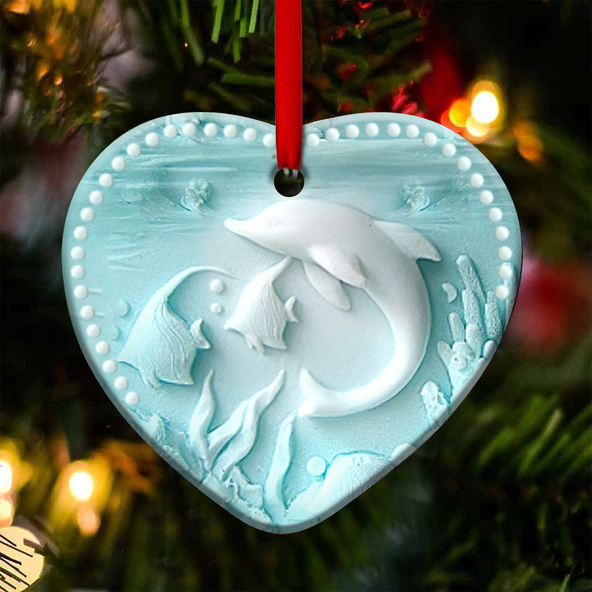 Dolphin Lover Ceramic Style - Heart Ornament - Owls Matrix LTD
