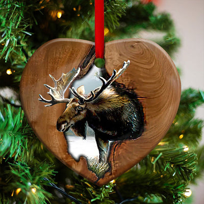 Hunting Wooden Style In Tree Moose Hunting - Heart Ornament - Owls Matrix LTD