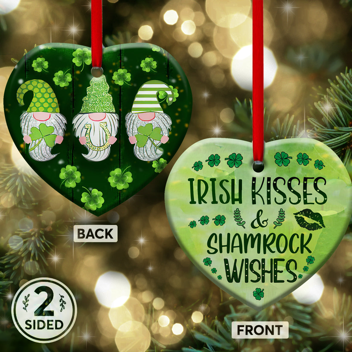 St. Patrick's Day Gnome Irish Kisses And Shamrock Wishes - Heart Ornament - Owls Matrix LTD