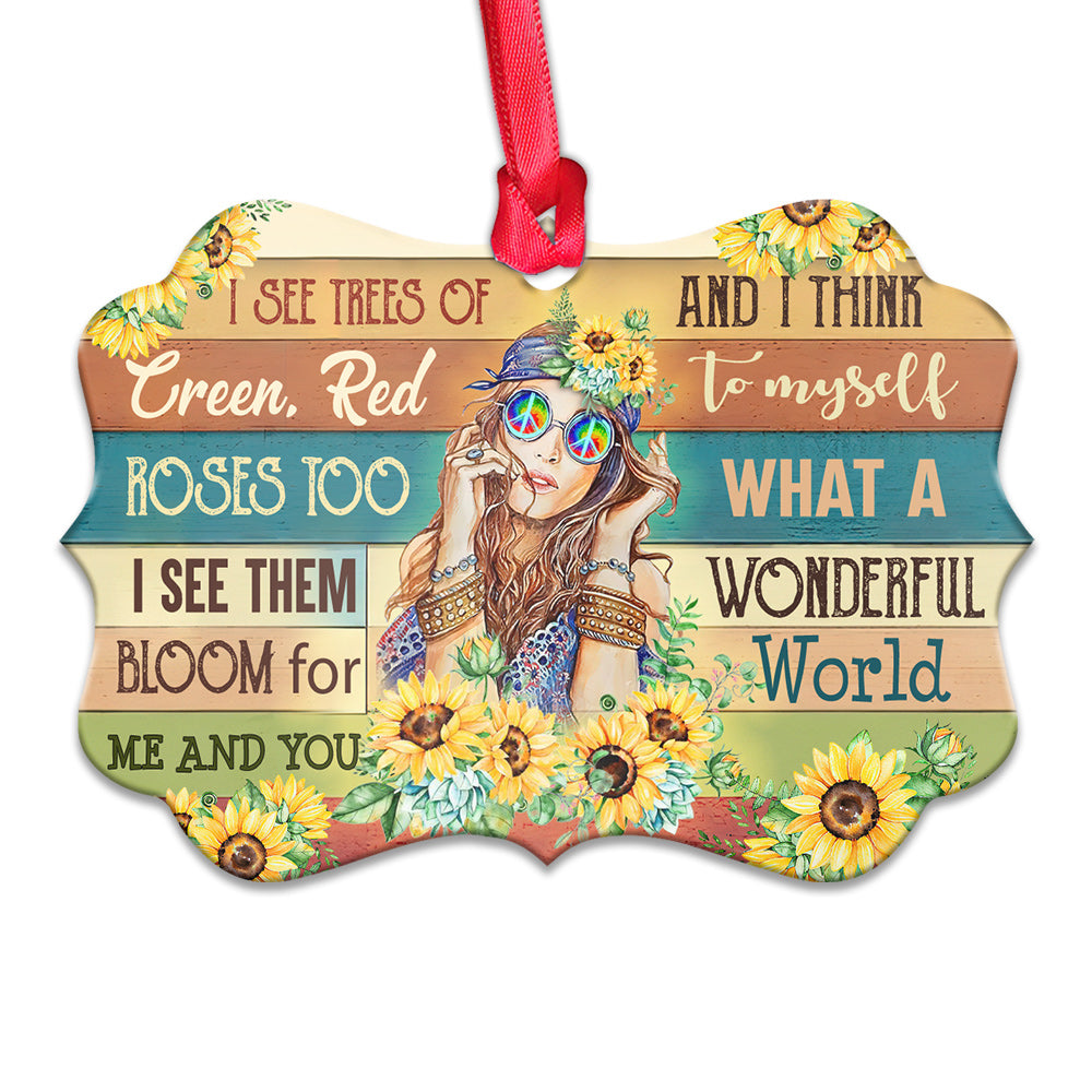 Hippie I See Trees Of Green Red Roses Too I See Them Bloom For You & Me And I Think To Myself What A Wonderful World - Horizontal Ornament - Owls Matrix LTD