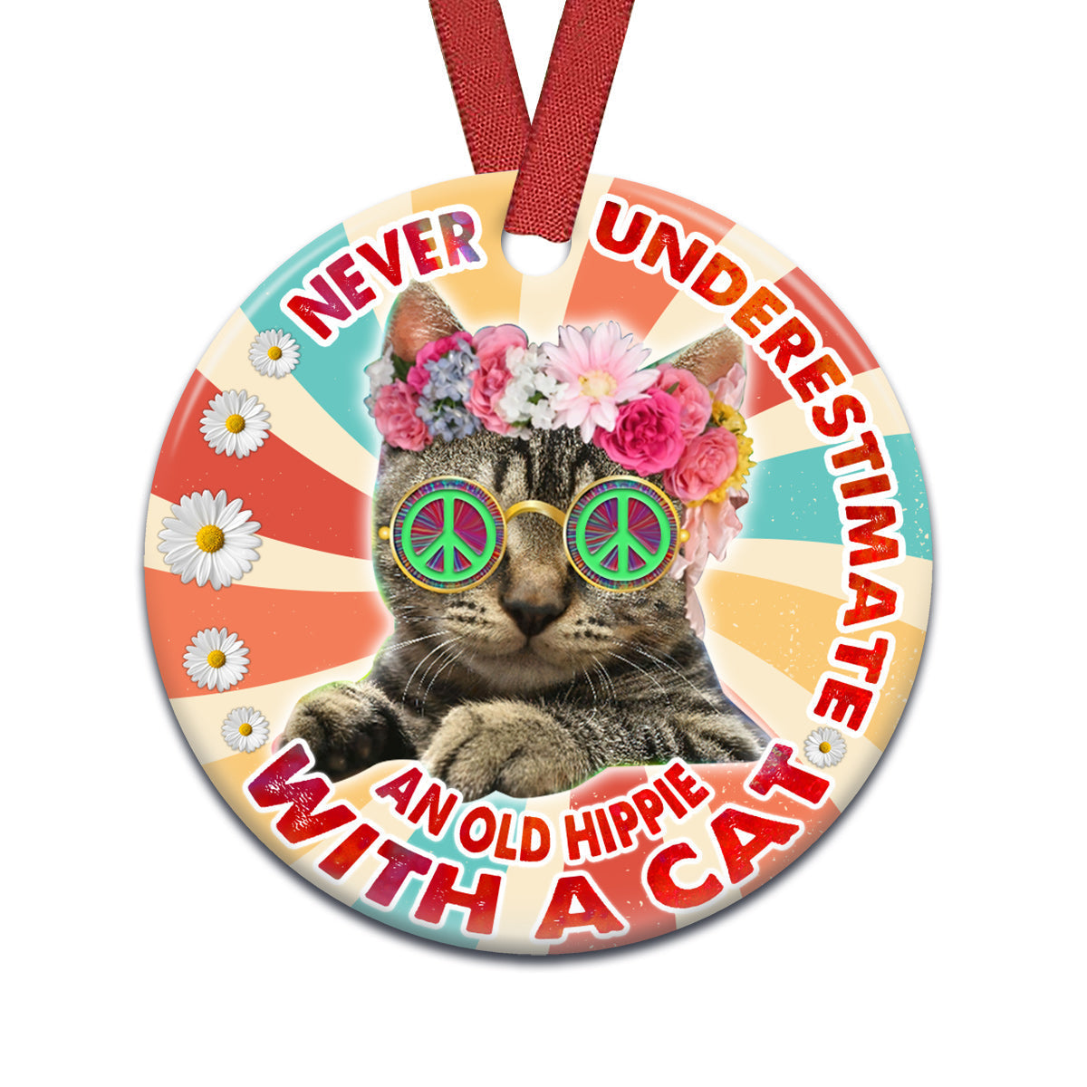 Hippie Never Underestimate An Old Hippie With A Cat - Circle Ornament - Owls Matrix LTD