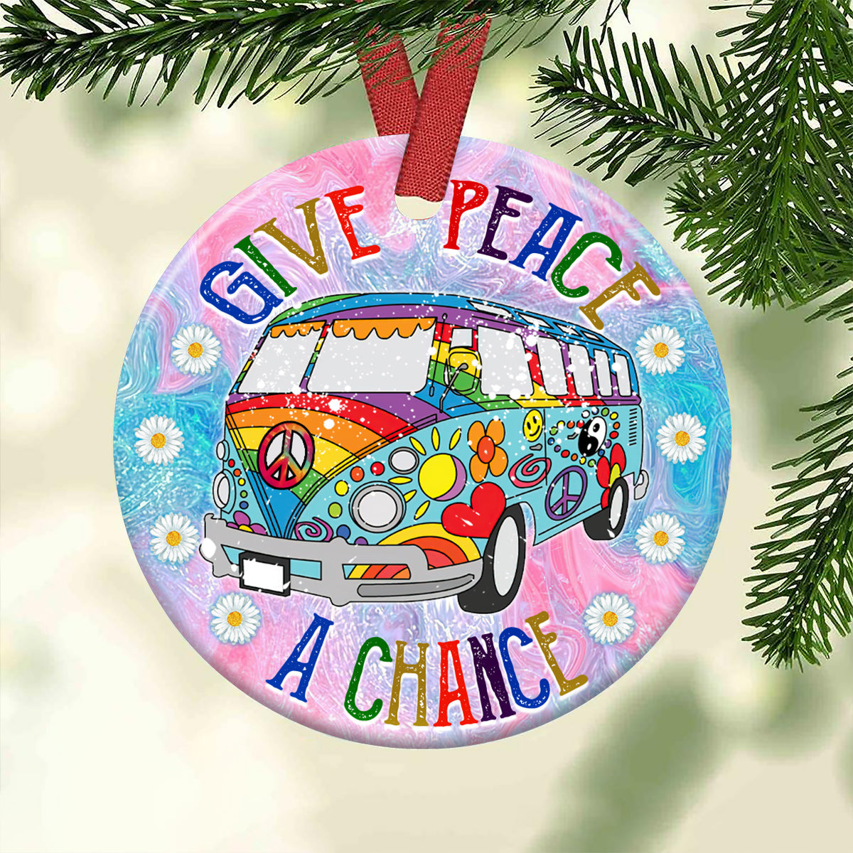 Hippie Give Peace A Chance - Circle Ornament - Owls Matrix LTD