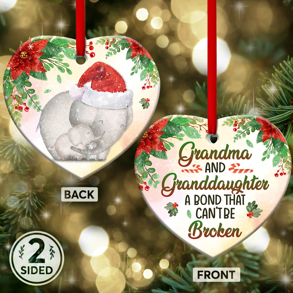 Elephant Grandma And Granddaughter A Bond That Can Be Brocken - Heart Ornament - Owls Matrix LTD