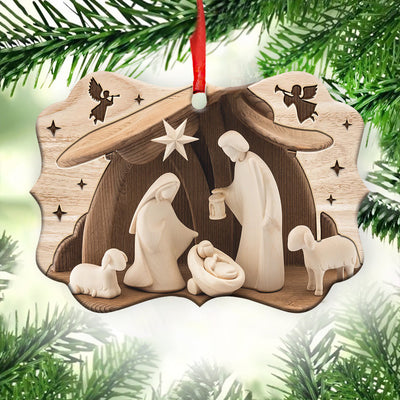 Jesus Nativity Wooden Style - Horizontal Ornament - Owls Matrix LTD
