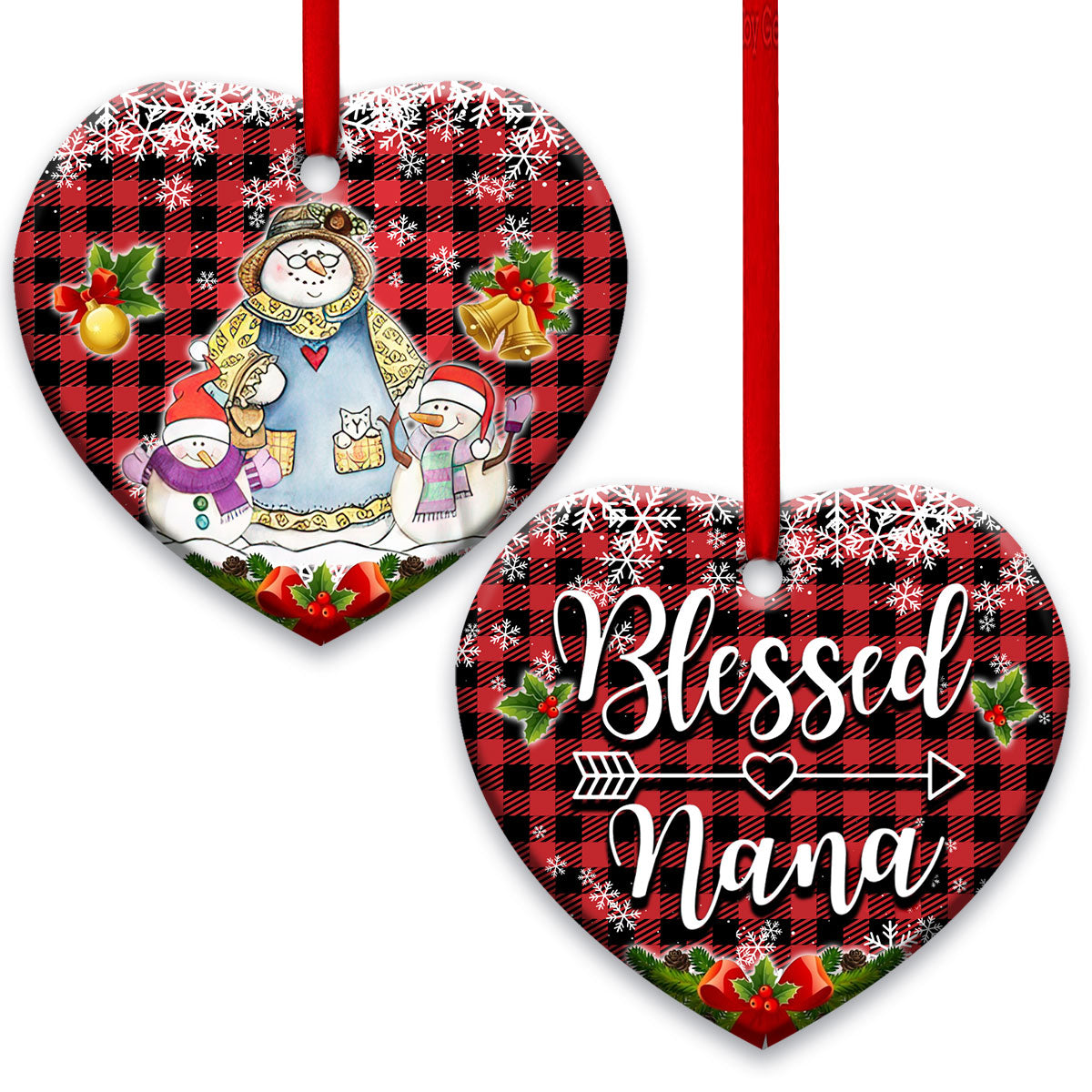 Family Snowman For Grandma Of Two Grandkids Blessed Nana - Heart Ornament - Owls Matrix LTD