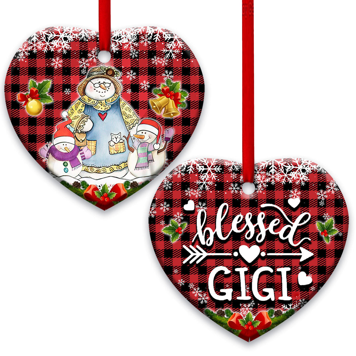 Family Snowman For Gandma Blessed GiGi With Two Grandkids - Heart Ornament - Owls Matrix LTD