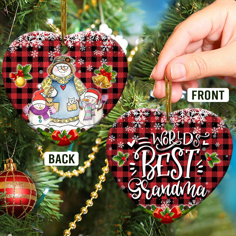 Family Snowman World Best Grandma With Two Grandkids - Heart Ornament - Owls Matrix LTD