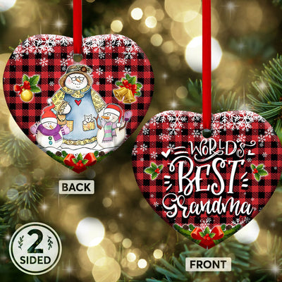 Family Snowman World Best Grandma With Two Grandkids - Heart Ornament - Owls Matrix LTD