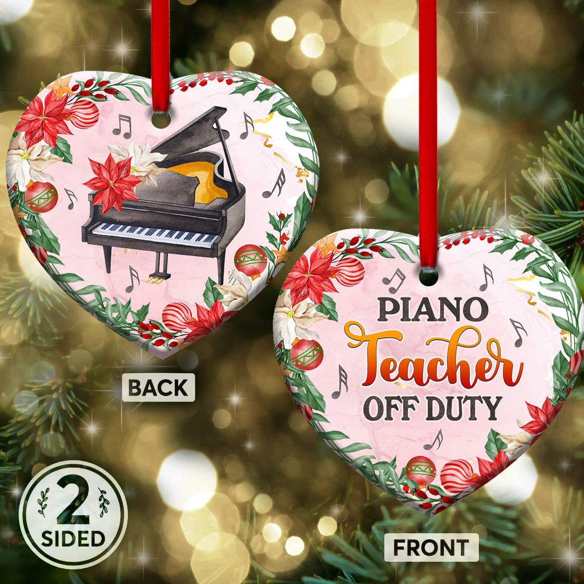 Teacher Christmas Gift Piano Teacher Off Duty - Heart Ornament - Owls Matrix LTD