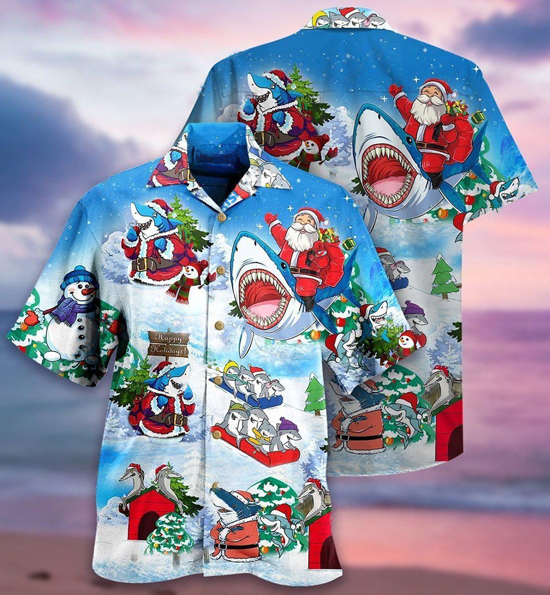 Shark Santa Love Xmas - Hawaiian Shirt - Owls Matrix LTD