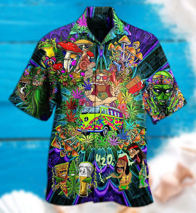 Hippie Mushroom Alien Bus Everything Funny Style - Hawaiian Shirt - Owls Matrix LTD