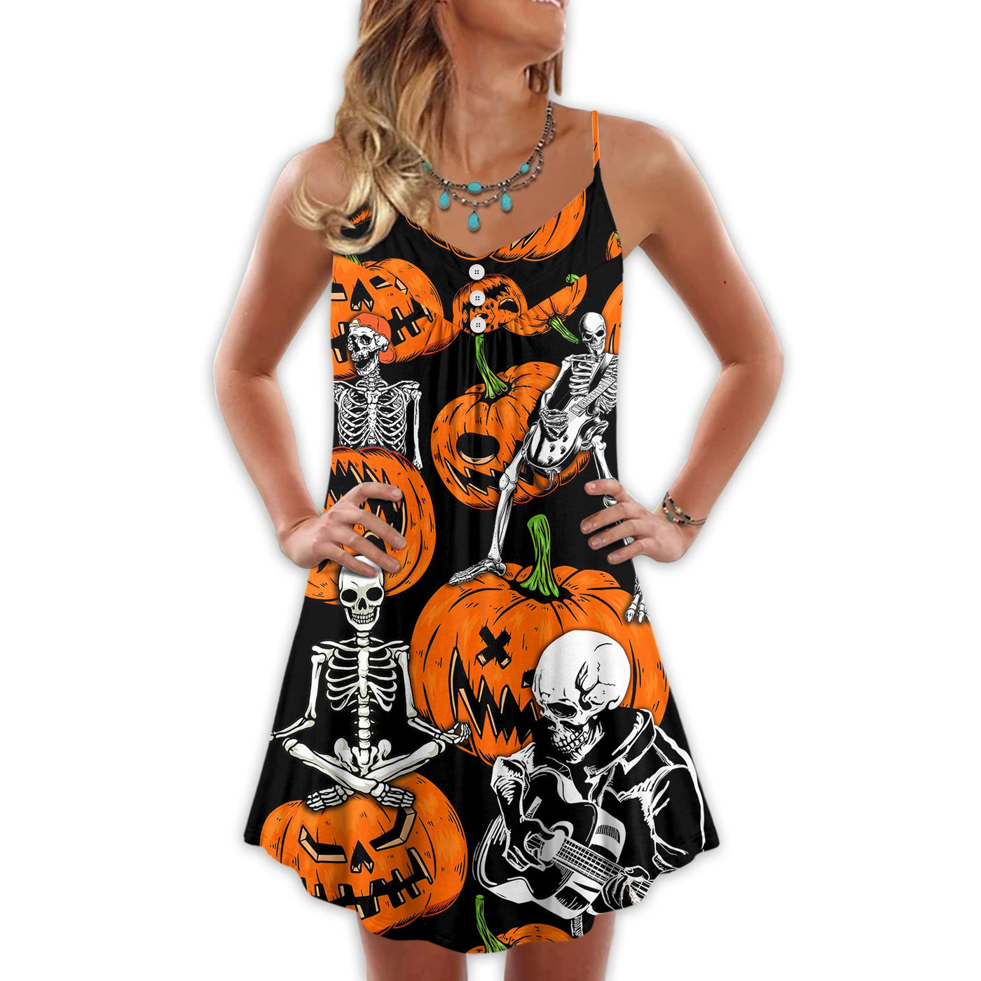 Halloween Skeleton Pumpkin Scary - V-neck Sleeveless Cami Dress - Owls Matrix LTD