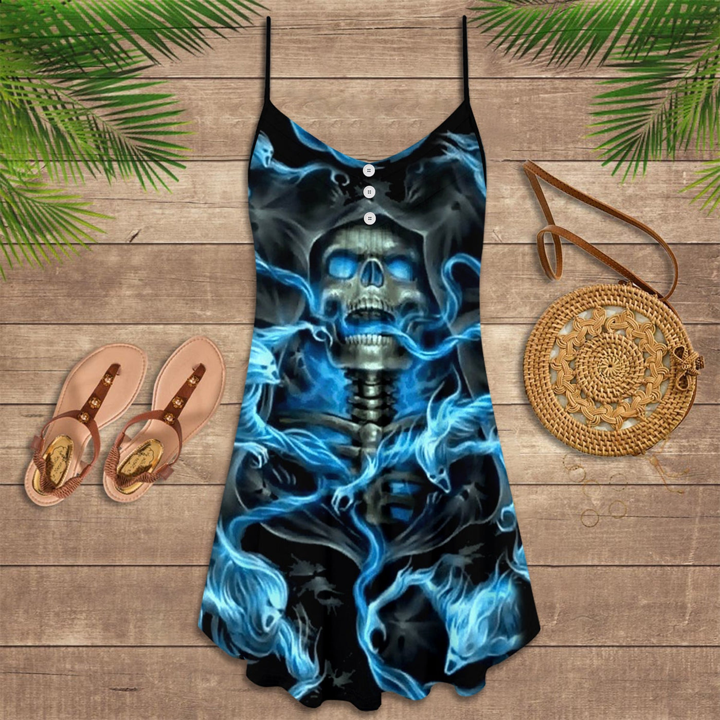 Skull Black Ground Blue - Summer Dress - Owls Matrix LTD