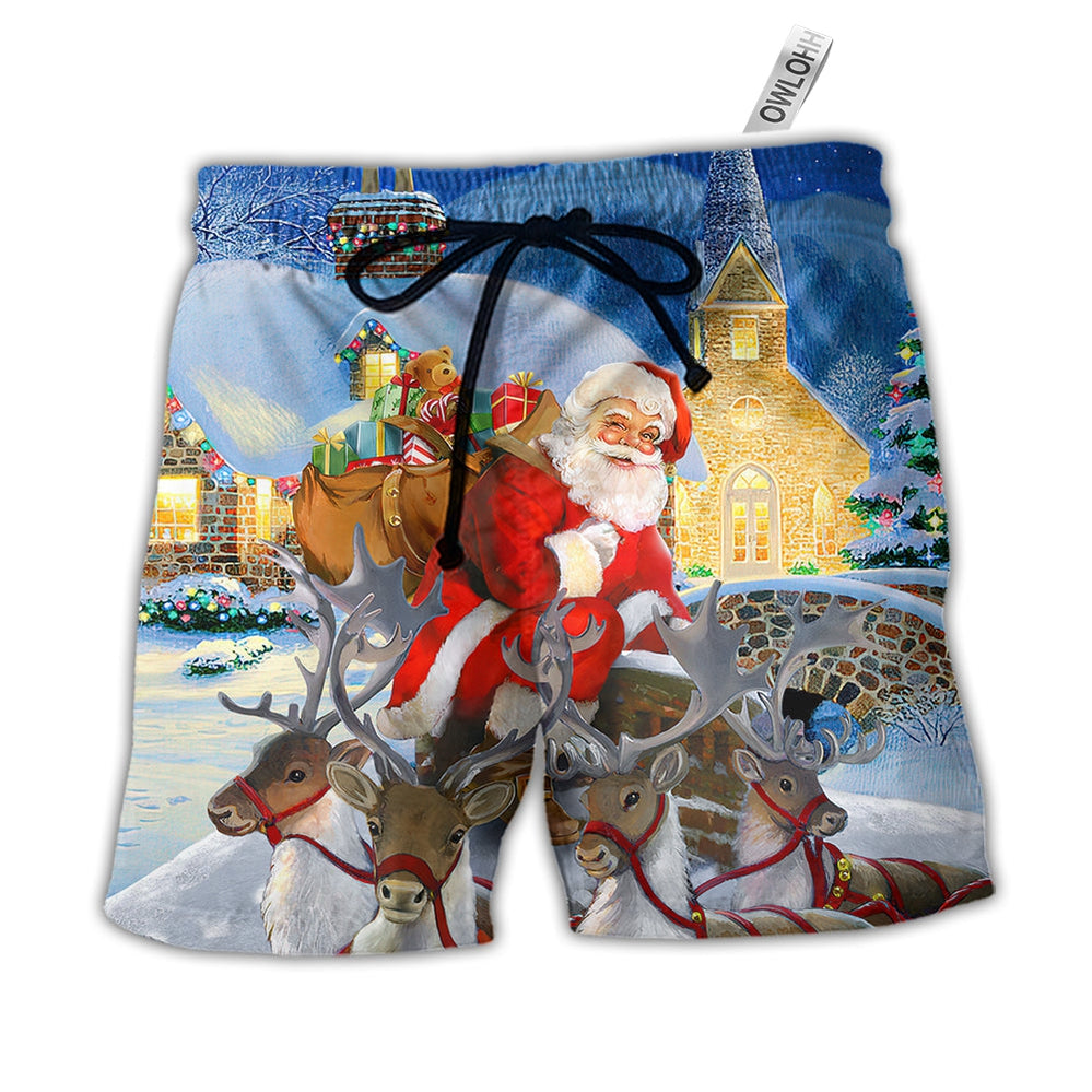 Christmas Santa Claus Reindeer Gift For Xmas Art Style - Beach Short - Owls Matrix LTD