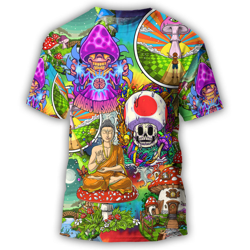 S Hippie Mushroom Peace Colorful Let It Be - Round Neck T-shirt - Owls Matrix LTD