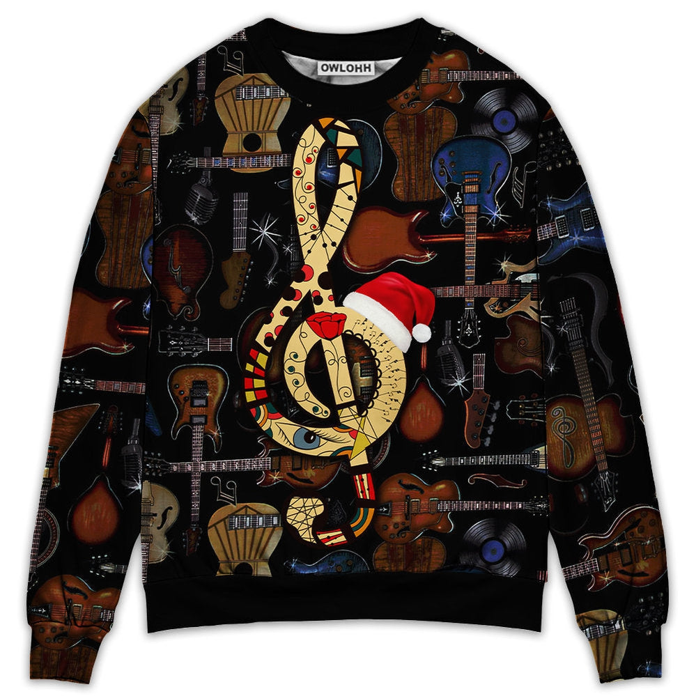 Sweater / S Christmas Guitar Happiness With Santa Hat - Sweater - Ugly Christmas Sweaters - Owls Matrix LTD