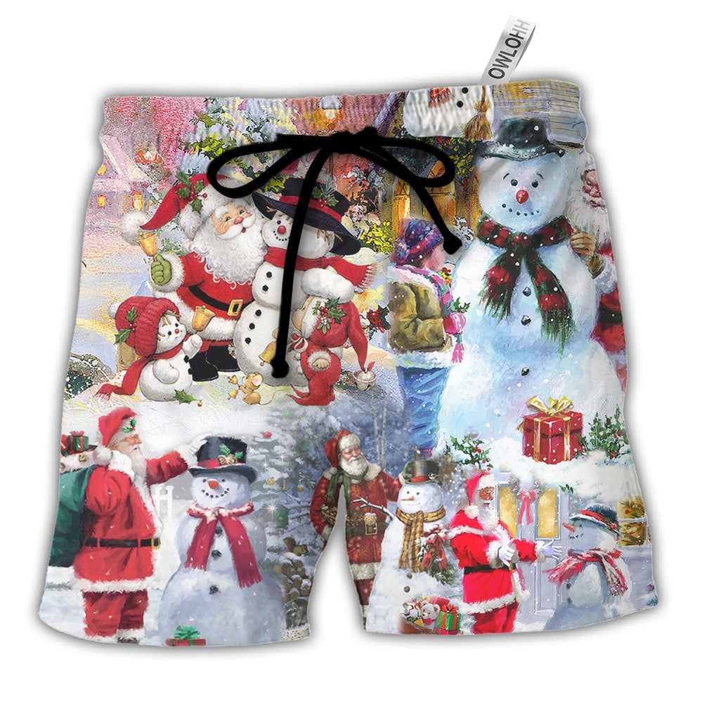 Beach Short / Adults / S Christmas Santa And Snowman Christmas Snow Village - Beach Short - Owls Matrix LTD