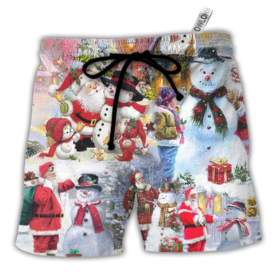 Beach Short / Adults / S Christmas Santa And Snowman Christmas Snow Village - Beach Short - Owls Matrix LTD