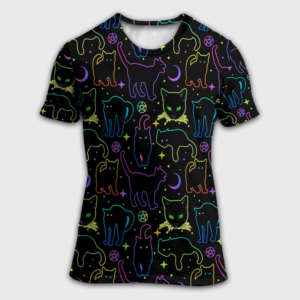S Cat Neon Colorful Playing With Kitten Magical - Round Neck T-shirt - Owls Matrix LTD
