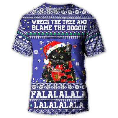S Black Cat Wreck The Tree Funny Christmas - Round Neck T-shirt - Owls Matrix LTD