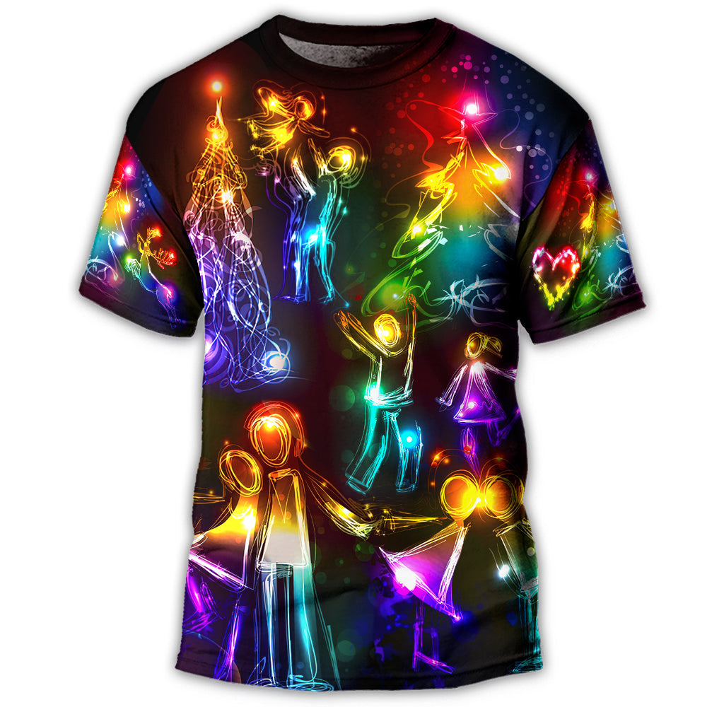 S Christmas Family Happy Love Tree Neon Light Style - Round Neck T-shirt - Owls Matrix LTD