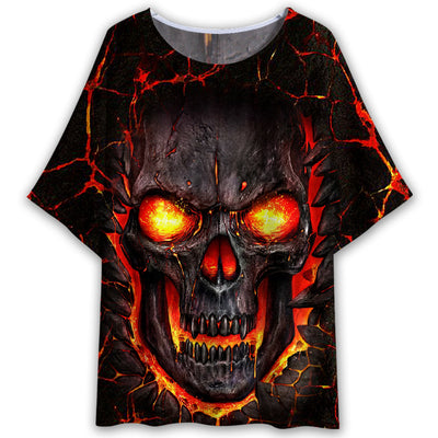 S Skull Devil Fire Angry - Women's T-shirt With Bat Sleeve - Owls Matrix LTD