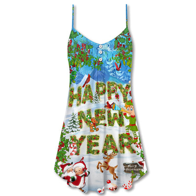 Christmas Happy New Year Snow - V-neck Sleeveless Cami Dress - Owls Matrix LTD