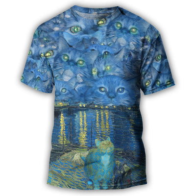 S Cat Starry Night Art - Round Neck T-shirt - Owls Matrix LTD
