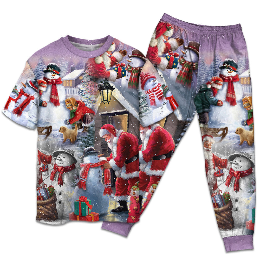 T-shirt + Pants / S Christmas Santa Claus Build Snowman Gift For You - Pajamas Short Sleeve - Owls Matrix LTD