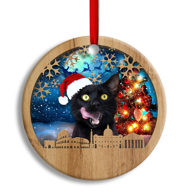 Pack 1 Christmas Black Cat Happy Xmas Light Santa Claus Decor Tree Hanging - Circle Ornament - Owls Matrix LTD