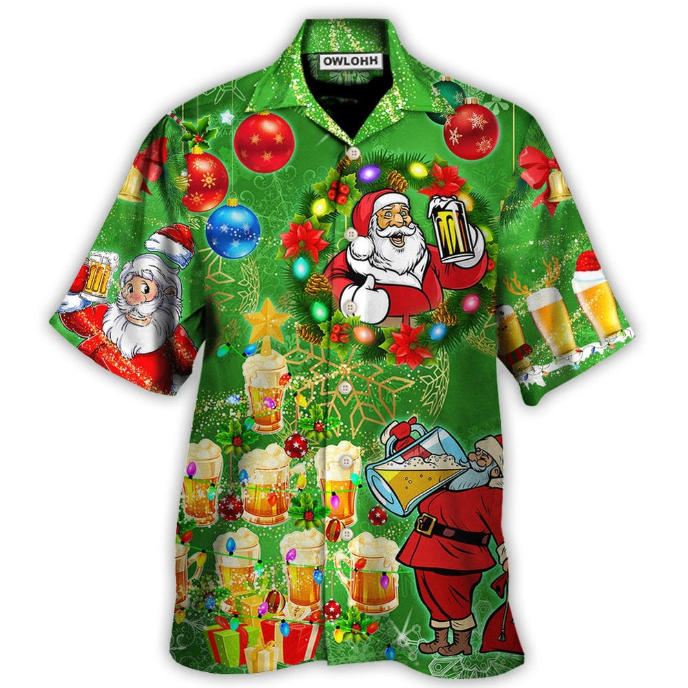 Hawaiian Shirt / Adults / S Christmas Funny Santa Claus Drinking Beer Happy Christmas Tree Green Light - Hawaiian Shirt - Owls Matrix LTD