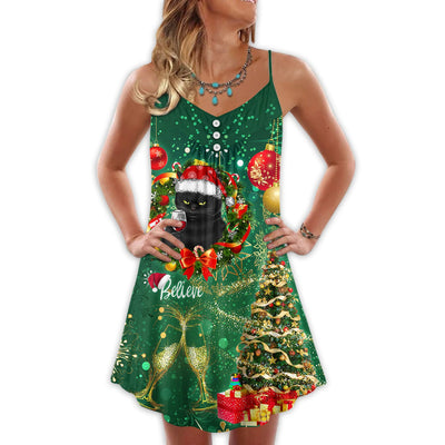 Christmas Black Cat Drinking Happy Christmas Tree Green Light - V-neck Sleeveless Cami Dress - Owls Matrix LTD