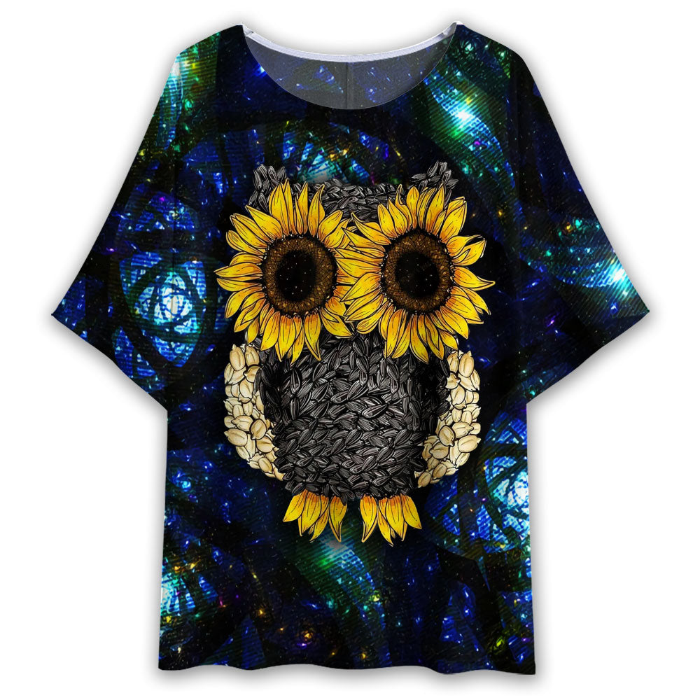 S Owl Sunflowers Night Art - Women's T-shirt With Bat Sleeve - Owls Matrix LTD