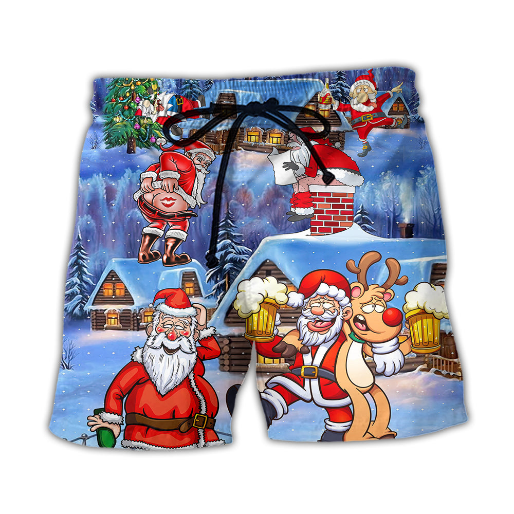 Beach Short / Adults / S Christmas Santa Claus Drunk Beer Troll Happy Xmas - Beach Short - Owls Matrix LTD