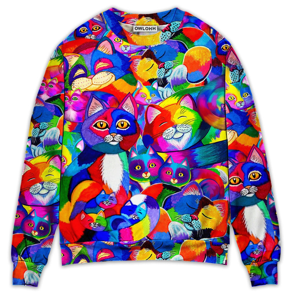 Cat Colorfull Rainbow Style - Sweater - Ugly Christmas Sweaters - Owls Matrix LTD