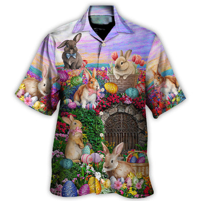 Easter Rabbit Chilling In The Flower Landscape Watercolor Style - Hawaiian Shirt - Owls Matrix LTD