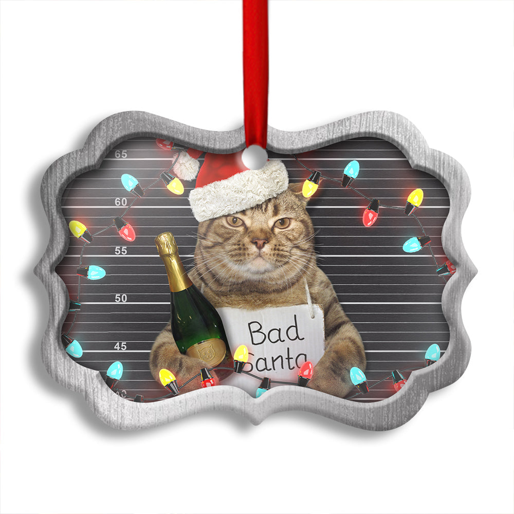 Pack 1 Christmas Cat Bad Santa Champagne And Santa Hat - Horizontal Ornament - Owls Matrix LTD