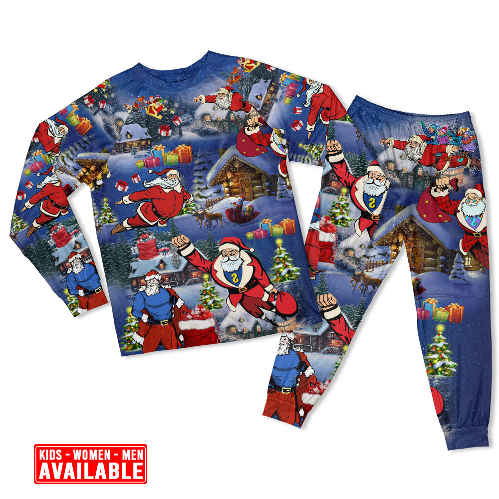 Women / S Christmas Flying Super Santa - Pajamas Long Sleeve - Owls Matrix LTD