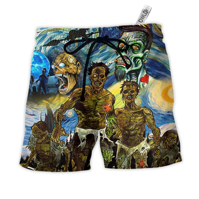Beach Short / Adults / S Halloween Zombie Crazy Starry Night Funny Boo Art Style - Beach Short - Owls Matrix LTD