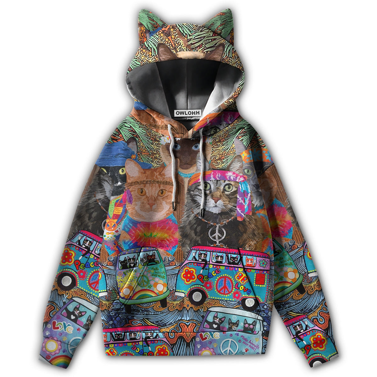 S Hippie Cat Love Hippie Life - Ears Hoodie - Owls Matrix LTD